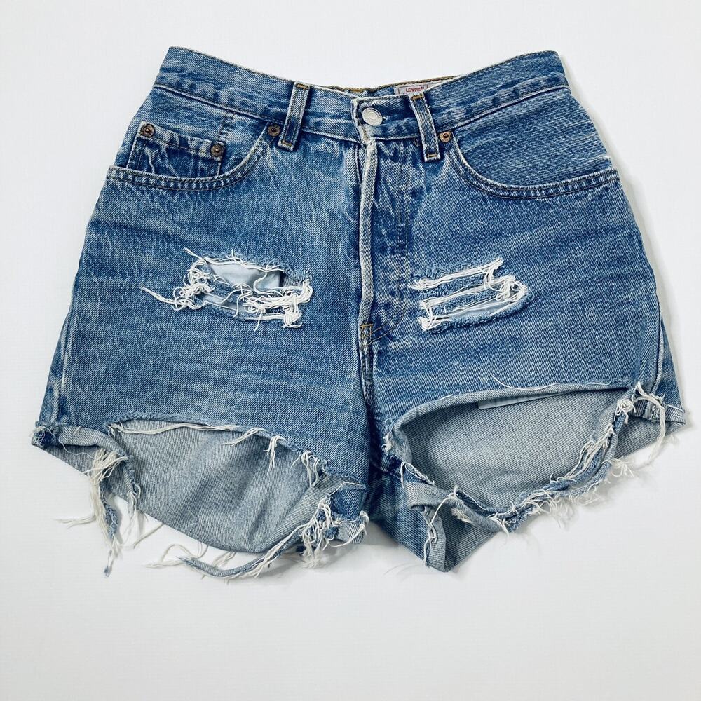 Levis Shorts Womens 27 Vintage 901 High Rise Button Fly Denim Destroyed Cut Off